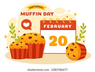 Ilustración vectorial del Día del Muffin Nacional el 20 de febrero con Muffins clásicos de la comida de chocolate deliciosos en caricatura plana Ilustración