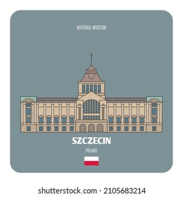National Museum in Szczecin, Poland. Architectural symbols of European cities. Colorful vector 