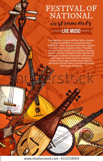 National musical instruments festival poster for
folk music concert. Vector design of string pluck ethnic mexican
banjo guitar or russian balalaika and japanese biwa koto, greek
zyther or sitar