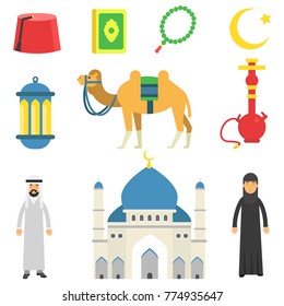 National Muslim cultural symbols. Koran, rosary, lantern, camel, mosque, hookah, fez, Arabian people in traditional clothes. Isolated flat vector icons