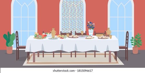 National muslim meal flat color vector illustration. Wedding celebration at restaurant. Dinner table for family. Festive banquet 2D cartoon interior with oriental decoration on background