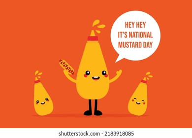 National Mustard Day vector cartoon style greeting card, illustration with cute cartoon style mustard bottle characters. August 6.