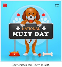 National Mutt Day. A brown colored dog stands holding a signboard, with dog food elements, toys and dog trail background. 3d vector, suitable for events, posters, pet shops and design elements
