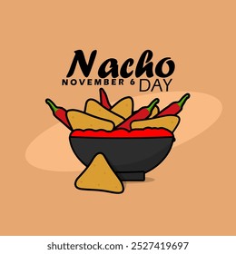 Celebre o Dia Nacional do Nacho em 6 de novembro. Tigela de batatas fritas Nacho com molho vermelho e pimentas em fundo marrom claro. Lanche originário do México