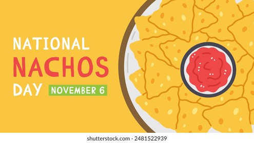 National nachos Day banner design. Mexican snack nachos in a cartoon flat style on yellow background. Vector illustration of traditional Mexican food