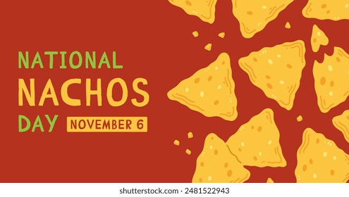 National nachos Day banner design. Mexican snack nachos in a cartoon flat style on red background. Vector illustration of traditional Mexican food