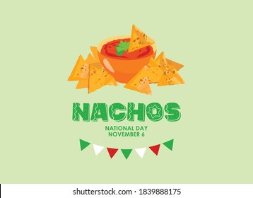 National Nachos Day vector. Mexican nachos corn tortilla with tomato salsa sauce icon vector. Nacho chips vector. Nachos Day Poster, November 6. Important day