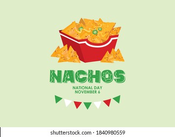 National Nachos Day vector. Mexican nachos corn tortilla with cheese and peppers icon vector. Nacho chips in a box vector. Nachos Day Poster, November 6. Important day