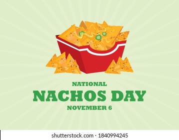 National Nachos Day vector. Mexican nachos corn tortilla with cheese and peppers icon vector. Nacho chips in a box vector. Nachos Day Poster, November 6. Important day