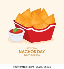 National Nachos Day vector. Nachos red food paper box drawing. Mexican corn tortilla chips with tomato salsa sauce icon vector. November 6. Important day