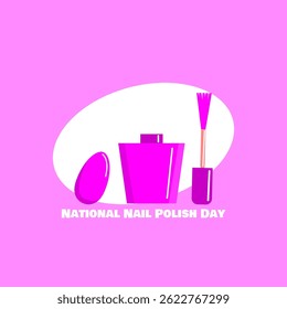 National Nail Polish Day to celebrate on June 1st. A bottle of nail polish with a brush and a fake nail on bright purple background.