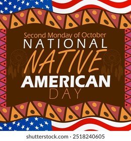 National Native American Day celebrates on second Monday of October. Bold text with native decorations and American flag on dark brown background.