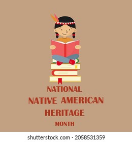 National Native American Heritage Month Concept. An Illustration Of An Ethnic Child Sitting On A Stack Of Books. Celebrated Annually On November. Banner, Poster, Brochure, Flyer, Invitation Template.