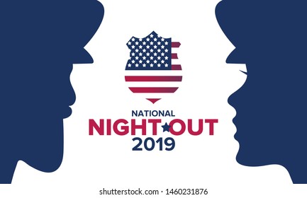 National Night Out. Community-police awareness-raising campaign in the United States. Celebrated annual in August. Partnership event. Poster, greeting card, banner and background. Vector illustration