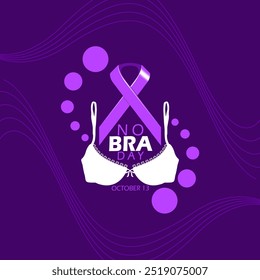 Dia Nacional Sem Sutiã comemorar em 13 de outubro evento banner saudável. Ilustração de um sutiã com fita de campanha roxa no fundo roxo escuro.