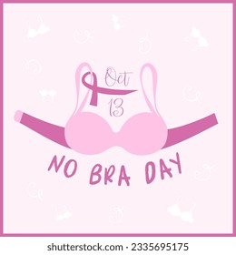 National No Bra Day vector Poster, October 13. Pink bra with purple cancer ribbon. Breast cancer awareness vector.