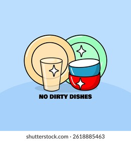 National No Dirty Dishes Day to celebrate on May 18th. Shiny clean plates, glasses and bowls with bold text on sky blue background.