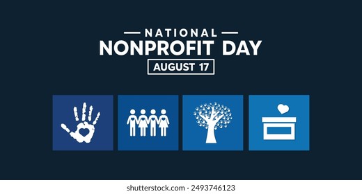 National Nonprofit Day. Hand, people, heart, tree, and box. Great for cards, banners, posters, social media and more. Dark blue background