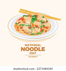 National Noodle Day poster vector illustration. Noodles with meat and vegetables icon vector. Asian noodles food on a plate drawing. October 6 every year. Important day