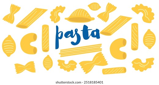 Dia Nacional do Macarrão. Cartaz do Dia Mundial da Massa. Comida tradicional italiana. Cartazes de massas abstratos com comida italiana para a cozinha. Macarrão de diferentes formas e tamanhos