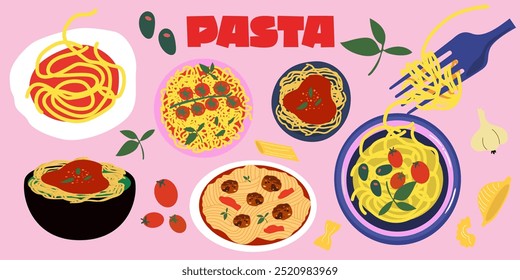 Día Nacional de Fideos y Pasta. Moderno Vector plano italiano tallarines y macarrones cartel retro sobre fondo rosa. Pasta boloñesa, pasta con albóndigas, con cereza y albahaca