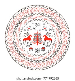 National northen paintings circle frame. Folk handicrafts. Enchanting original ornaments.