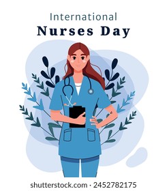 In: National Nurses Day. Ein Mädchen in einem flachen Stil in der Uniform einer Krankenschwester, in einem Arzt und einer Ärztin auf einem weißen Plakat zu Ehren des internationalen Feiertags. Vektorillustration. Behandlung