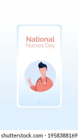 National nurses day marking the contributions that nurses make to society. Social media story template with male nurse. Dedicated work of nurses during the coronavirus pandemic.