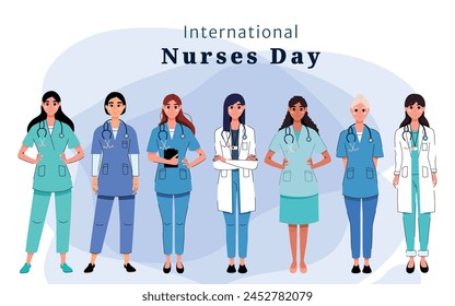 National Nurses Day. A set of characters in a flat style in the uniform of a nurse, in a medical worker’s robe and a doctor on a white poster in honor of the international holiday. Vector illustration