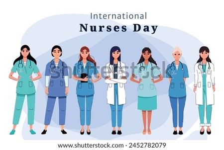 National Nurses Day. A set of characters in a flat style in the uniform of a nurse, in a medical worker’s robe and a doctor on a white poster in honor of the international holiday. Vector illustration