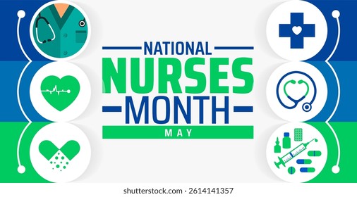 National Nurses Month background banner or poster design template. observed every year in May. Holiday concept. Use to any Template, card, poster, placard, template.