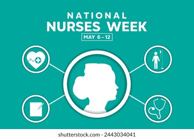 National Nurses Week. Heart, note, patient and stestoscope. Great for cards, banners, posters, social media and more. Green background.