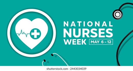 In: National Nurses Week. Herz und Stestoskop. Ideal für Karten, Banner, Poster, Social Media und mehr. Grüner Hintergrund.  