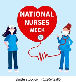 National Nurses Week. International Nurse Day. Woman In Uniform With Stethoscope. Heart With Phrase And Heartbeat. 