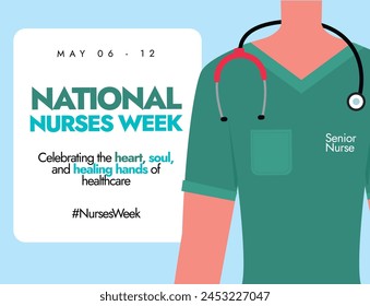 National Nurses Week. May 6 to 12 National nurses week celebration and appreciation post, banner with male nurse wearing green uniform and stethoscope. Banner to recognise the contributions of nurses.