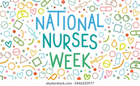 National Nurses Week medical concept on white background. Multicolored text in line art style.