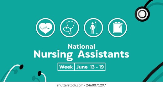 National Nursing Assistant Week. Heart, Stethoscope, patient and notes. Great for cards, banners, posters, social media and more. Light blue background.