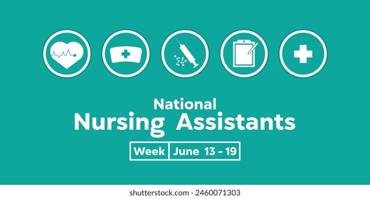 National Nursing Assistant Week. Heart, nurse hat, syringe, note and plus icon. Great for cards, banners, posters, social media and more. Light blue background.