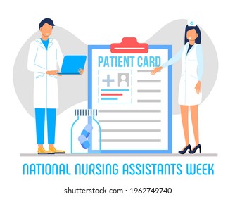 National Nursing assistants week is celebrated in June in the USA. Medical nurse is standing with stethoscope on the blue background. Lettering is thank you. Health care banner, poster concept vector.