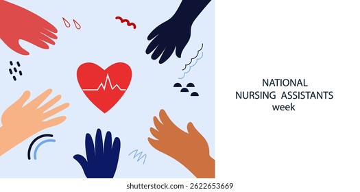 national nursing assistants week. Red heart with lifeline and medical hat illustration. Healthcare concept celebrating essential medical workers and nurses for banner. line art vector illustration