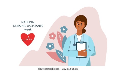 national nursing assistants week. Red heart with lifeline and medical hat illustration. Healthcare concept celebrating essential medical workers and nurses for banner. line art vector illustration
