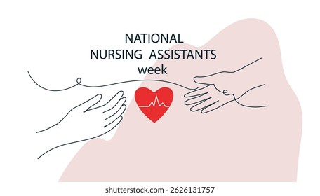 national nursing assistants week. Red heart with lifeline and medical hat illustration. Healthcare concept celebrating essential medical workers and nurses for banner. line art vector illustration
