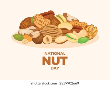 National Nut Day vector illustration. Pile of mixed nuts vector. Different types of nuts graphic design element. October 22. Important day