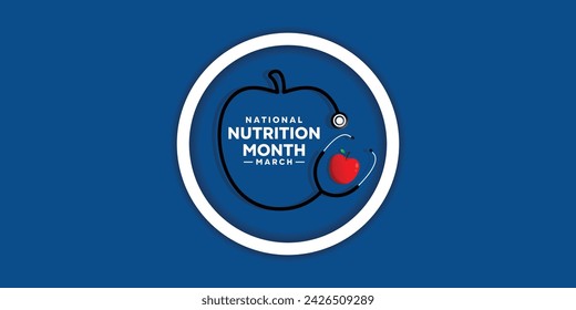 National Nutrition Month. Apple-shaped stestoscope , circle and apple. cards, banners, posters, social media and more. Blue background.