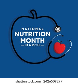 National Nutrition Month. Apple-shaped stestoscope and apple. cards, banners, posters, social media and more. Blue background.