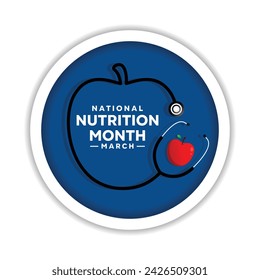 National Nutrition Month. Apple-shaped stestoscope and apple. cards, banners, posters, social media and more. White background.