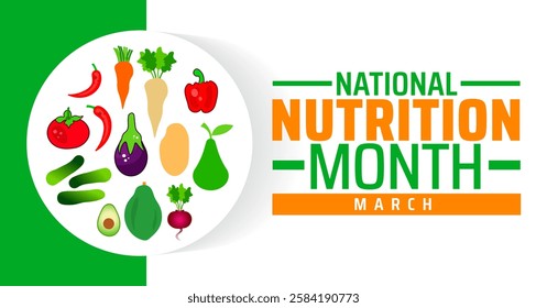 National Nutrition Month background banner or poster design template. observed every year in March. Holiday concept. Use to any Template, card, poster, placard, template.