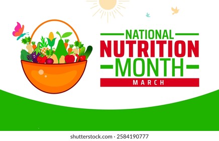 National Nutrition Month background banner or poster design template. observed every year in March. Holiday concept. Use to any Template, card, poster, placard, template.