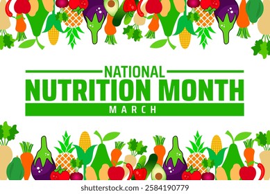 National Nutrition Month background banner or poster design template. observed every year in March. Holiday concept. Use to any Template, card, poster, placard, template.