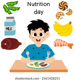 national nutrition month is celebrated every year in march, vector illustration. nutrition day. little kid eating to commemorate nutrition day with balanced food.